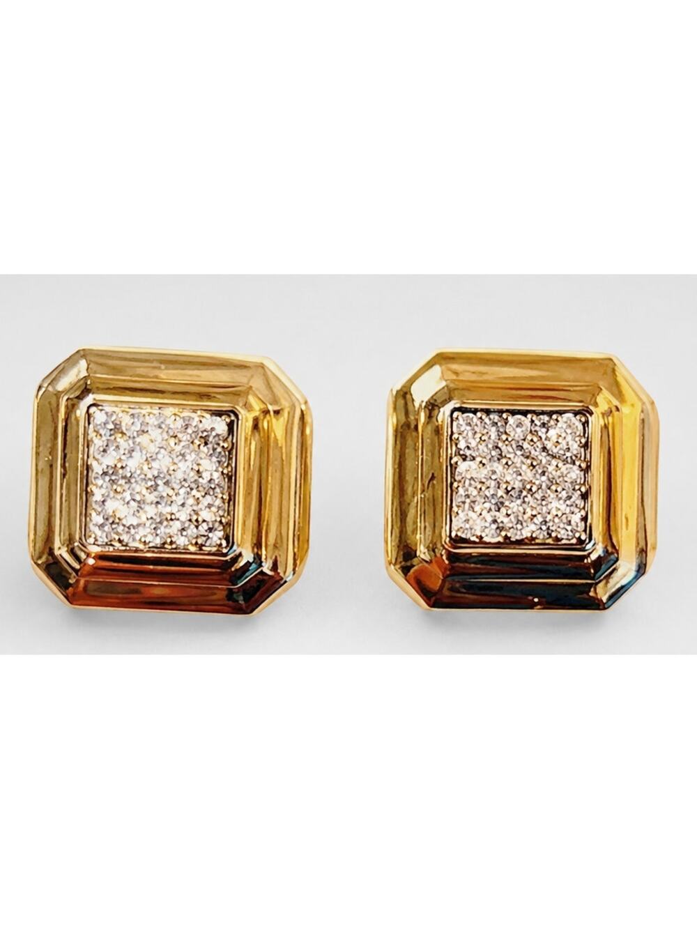 Vintage Avon Rhinestone Clip On Earrings Gold Tone Square Petite .5" wc-40